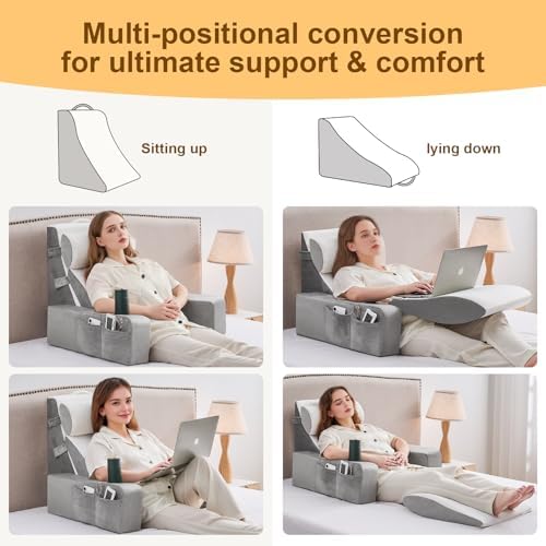 Reading Pillow for Sitting in Bed Adult, Back Pillow for Bed Sitting up with Arms, Pockets and Cup holder, Sit Up Backrest Pillows for Beds Chair Support, Rest Pillow for Gaming (Light gray, 5PCS) - Image 5