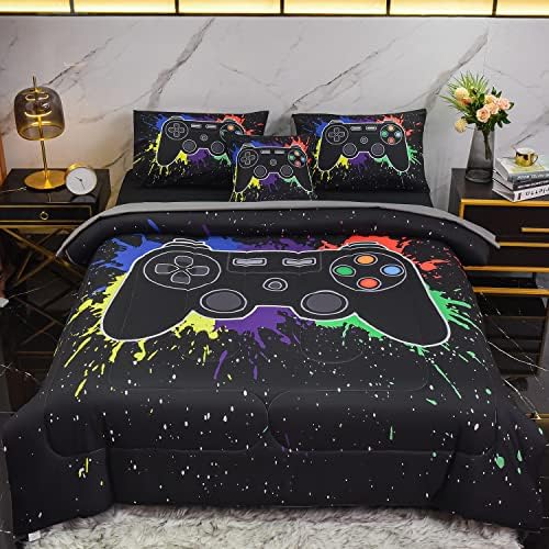 6Pcs Gamer Comforter Set with Sheets for Boys Girls Kids Teens, Colorful Graffiti Gaming Themed Bed in A Bag Full Size, Black 3D Video Game Controller Bedroom Decor Bedding Set - Image 2