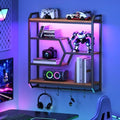 HOOBRO 27.5" Floating Shelf with LED Lights, Gaming LED Wall Mounted Shelf with Hanging Rod & 4 S-Hooks, 4-Tier Hanging Display Rack, for Living Room, Gaming Room, Rustic Brown and Black BF71DBJ01 by HOOBRO
