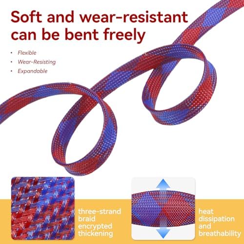 Braided Cable Sleeve, 16.4ft Expandable Mesh Cable Management Sleeve, Wear-Resistant Cord Protectors from Pets No Chew Flexible Wire Sleeving for Audio Video (Blue and red, 1/4") - Image 3
