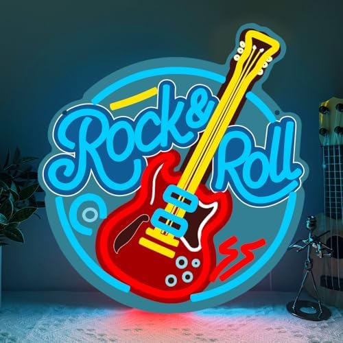 Rock and Roll Neon Sign Live Music Neon Signs for Wall Decor,Cool Guitar Shaped Led Lights Up Sign for Music Studio,Bedroom Party,Bar,Man Cave,Best Gift for Guitar Hobbies by Unknown