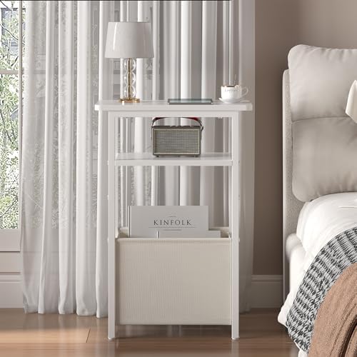 sthmec Narrow Side Table Set of 2, Skinny End Tables with Fabric Basket, Small Side Tables for Small Space,2-Tier Open Shelves with Basket, Slim Nightstands Set 2 for Bedroom,Livinroom,Office,White - Image 5