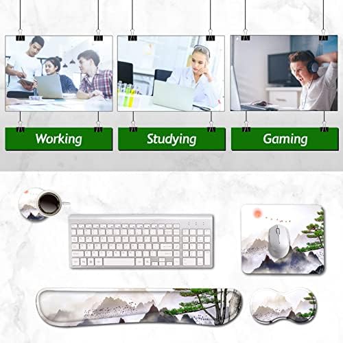 AIMSA Keyboard Wrist Rest Support + Mouse Pad + Mouse Wrist Rest + Coaster, Ergonomic Memory Foam Anti-Slip Rubber Base 4 PCS Set Easy Typing Pain Relief, Pine Tree Mountains - Image 5