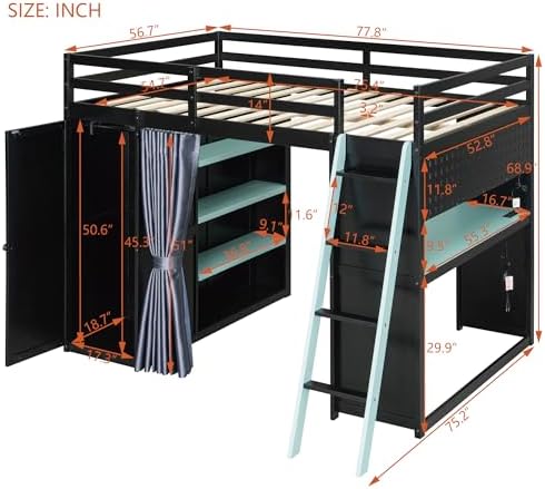 Merax Full Size Loft Bed with Desk and 6 Storage Shelves, Wardrobe, Blackout Curtain, Solid Wood Gaming Loft Bed Frame with USB Port & RGB Lights, No Box Spring Needed, Space-Saving, Black+Blue - Image 2