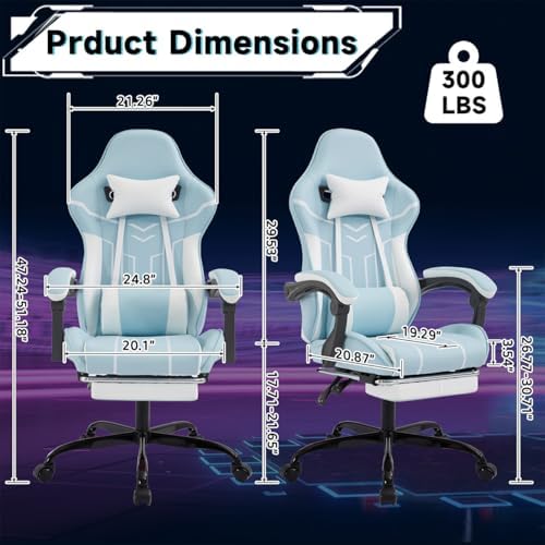 Gaming Desk Chair for Adults, Ergonomic Gaming Chair (Blue+White) | with Footrest & Headrest and Lumbar Support, Leather Material Height Adjustable computer Video Game Chairs - Image 3