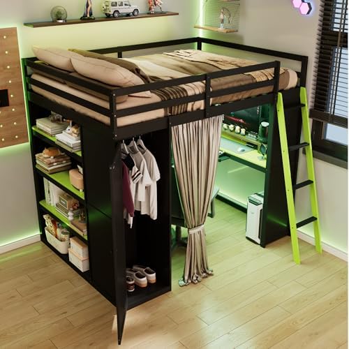 Merax Full Size Loft Bed with Desk and 6 Storage Shelves, Wardrobe, Blackout Curtain, Sturdy Wood Gaming Loft Bunk Bed Frame with USB Port & RGB Lights, No Box Spring Need, Space-Saving, Black+Green - Image 3