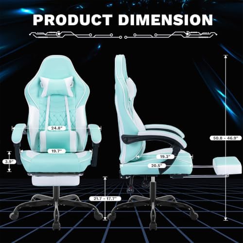 Gaming Desk Chair for Adults, Ergonomic Gaming Chair (Green+White) | with Footrest & Headrest and Lumbar Support, Leather Material Height Adjustable computer Video Game Chairs - Image 3