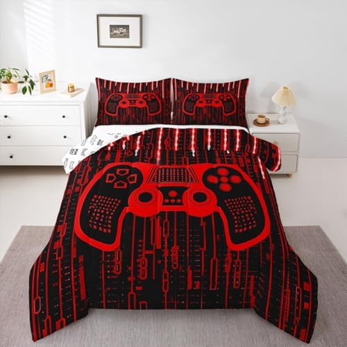 Feelyou Kids Boys Red Gamer Bedding Set Full Size, Light 3D Gaming Comforter Gamer Comforter Set for Gamepad Duvet Set Modern Game with 2 Pillow Case Room Decor Quilt Set Bedding Collection - Image 4