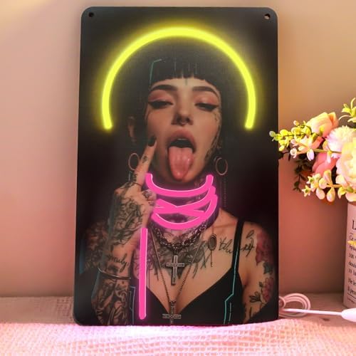 Cyberpunk Girl Neon Sign Wall Decor, Aesthetic Tattoo Female LED Light Painting, Modern Street Style Neon Painting for Gaming Room, for Studio Bar Cool Edgy Bedroom Decor.(15.7 * 9.8 In) by DRACEY