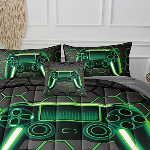 BDUCOK 6 Piece Gamer Comforter Sets Bed in A Bag for Boys Teen Kids,Honeycomb Gaming Bedding Sets Gamepad Comforter Microfiber Bed Set for All Season Gamer Home Decor(Green, 6 Piece Sets30021-Queen) - Image 6