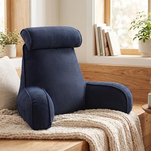 Bed Rest Reading Pillow with Arms & Detachable Headrest, Corduroy Backrest Cushion with Side Pockets & Washable Cover, Sit Up Pillow for Bed, Sofa Reading, Relaxing & Watching TV, Navy Blue - Image 2