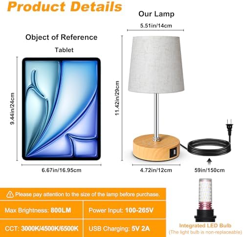 Ascher Small Bedside Table lamp Set of 2, RGB Color Changing Lamps, 3 Color Temperatures, Stepless Dimmable, Nightstand Lamp with USB C+A Ports for Bedroom Living Room, (Flaxen Shade, Wood Grain Base) - Image 2