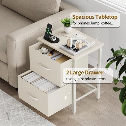 Vagusicc Nightstand Set of 2 with Charging Station, End Table Bedside Table with Power Outlet & USB Ports, Side Table with 2 Fabric Drawers for Bedroom, Living Room, Beige - Image 5
