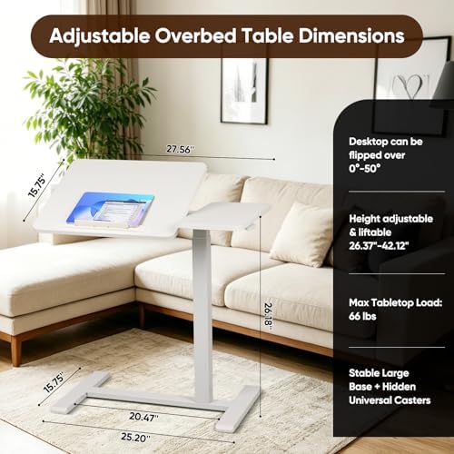 Adjustable Overbed Table with Wheels, Rolling Laptop Table for Bed & Sofa - Image 2