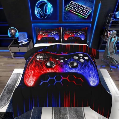 Erosebridal Honeycomb Gamer Kids Comforter Set Red Blue Neon Lights Game Consoles King Bedding Set Ombre Art Geometry Hexagon Beehive Duvet Set Gaming Decor for Boys Bedroom Decor by Erosebridal