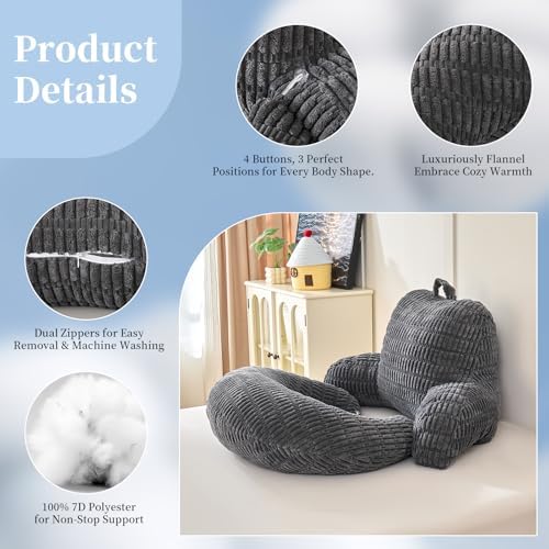 19" Reading Pillow for Bed,U Shaped Arm & Elbow Support,Gray Corduroy | Backrest Supports Back,U Shaped Lap Pillow Cushions Arms,Elbows & Wrists,Ribbed Corduroy for Reading,Gaming,Watching TV - Image 6