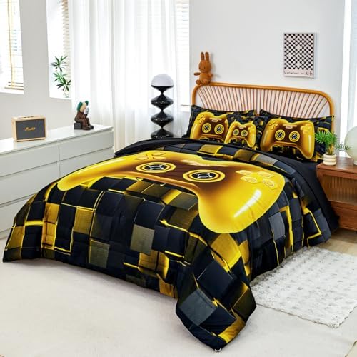 PERFEMET 6 Pcs Twin Bed in A Bag for Boys Girls Black Gold Video Game Comforter Set with Sheets Soft Cozy 3D Gamepad Gaming Bedding Set for All Seasons(Gold, Twin) - Image 2