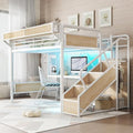 Bellemave Queen Loft Bed with Desk & Pegboard, Metal Loft Bed Frame with Storage Stairs, Wardrobe & Beside Shelf, Heavy Duty Loft Bed Queen Size with Charging Station & LED Lights, White & Natural by Bellemave