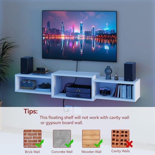 IBUYKE Floating TV Stand Wall Mounted with Power Outlet,Modern Wood Wall Mounted Media Console Shelf,Floating Entertainment Center for Under TV Storage for Living Room Bedroom Office,White WST001W - Image 6