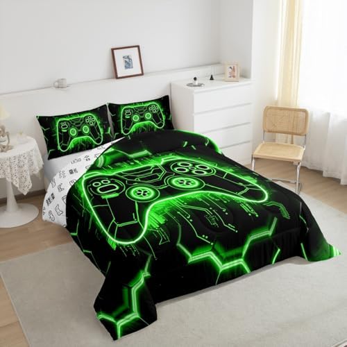 Feelyou Kids Green Gamer Comforter Set Twin Size, Honeycomb Gaming Bedding Set Boys Girls Modern Game Console Comforter Gamepad Teens Duvet Set Bedroom Decor Bed Set 2Pcs - Image 5
