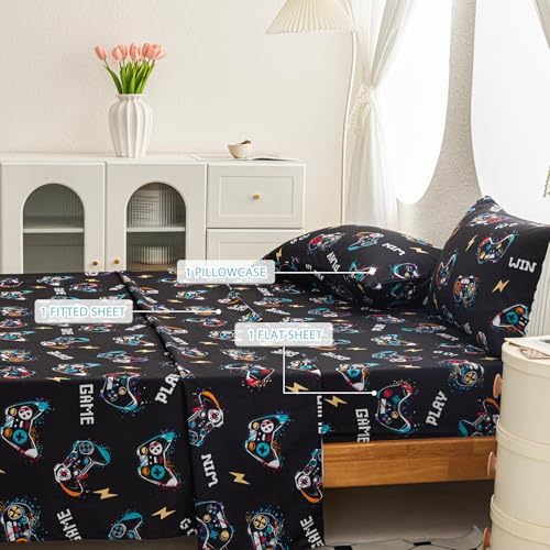 Twin Sheets Set for Boys Kids - 3-Piece Cute Gamer Bedding Set, Breathable Black Video Game 3D Fitted Sheets with 14" Deep Pocket, Ultra-Soft Lightweight Bedroom Essentials - Image 2
