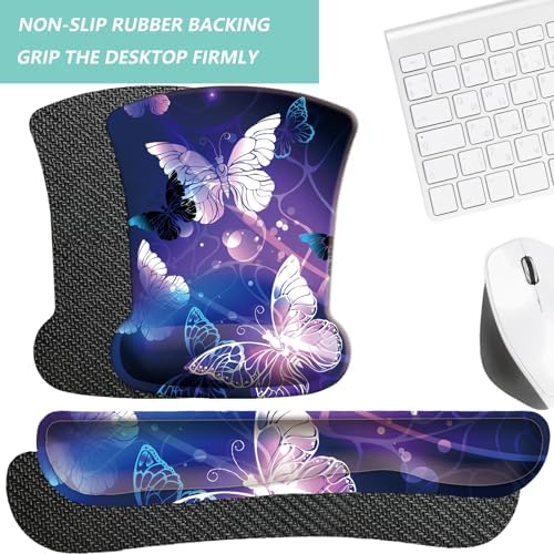 Keyboard Wrist Rest Pad Mouse Pad with Wrist Support Set of 3, Gaming Mousepad with Non-Slip Rubber Base, Ergonomic Memory Foam Mouse Cushion Support for Home Office Laptop Computer, Butterfly - Image 4
