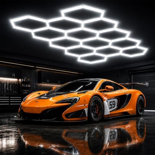 Hexagon LED Garage Light, 64500LM Ultra Bright 14-Hexagon 58-Tube Honeycomb Ceiling Lights, 6000K Daylight for Garage Gym, Car Detailing, Workshop, Warehouse & Auto Studio, DIY Hex Lights by Maxziller
