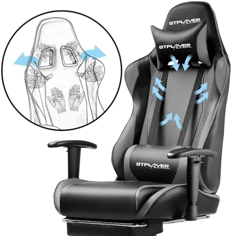 GTPLAYER Gaming Chair with Footrest, Ergonomic Computer Game Desk Chair, Reclining Game Chair Seat Height Adjustment, Swivel Rocker with Headrest and Lumbar (Grey) - Image 5