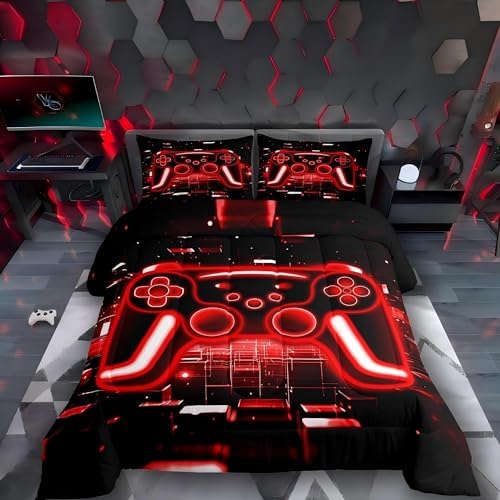 Erosebridal Gamer Comforter Set Gaming King Bedding Set, Neon Lights Game Boy Games Comforter Red Brick Cube Duvet Insert,Gaming Room Decor by Erosebridal