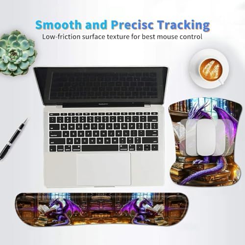 3-in-1 Ergonomic Mouse Pad with Wrist Support, Memory Foam Keyboard Wrist Rest Pad Set & Coaster, Non-Slip Base Desk Mat with Purple Dragon Book for Office Home Computer & Laptop - Image 6