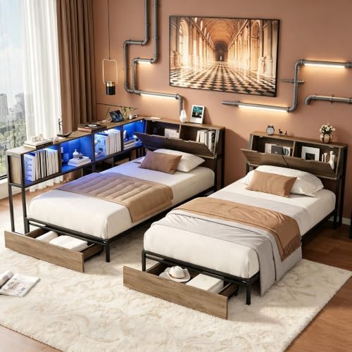 Gray Corner Bed with Drawers, Bookcase, Light & Charging Station, Twin/Twin - Image 3
