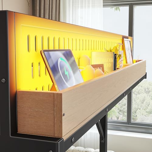 KEIKI Full Size Loft Bed Frame with Storage Shelves & Pegboard, Heavy Duty Metal Loft Bed with USB Ports and LED Lights for Teens Adults Guest Rooms Apartments Study Spaces & Modern Bedrooms - Image 6