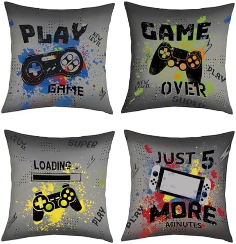 18x18 Set of 4 Gamer Room Video Game Throw Pillow Cushion Covers by JOYMAISON