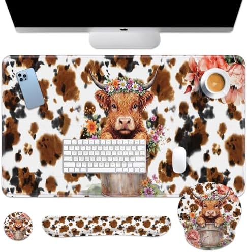 Arttown Keyboard Mouse Pad Set, 4 in 1 Desk Mat Set Highland Cow by Arttown