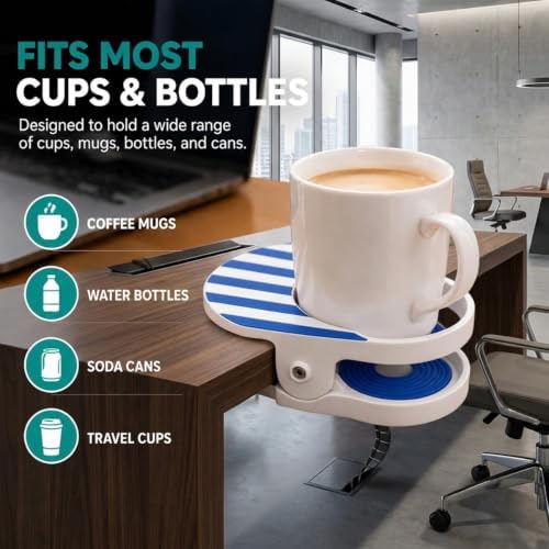 Clip On Cup Holder for Beach Chair, Portable Drink Clamp Attachments Fits Zero Gravity, Adirondack, Desk, Pool Lounger, Cruise - Holds Coffee Mugs, Water Bottles, Cans，Blue - Image 3