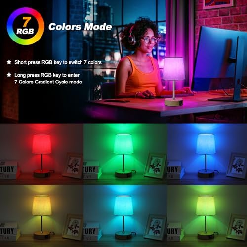 Ascher Small Bedside Table lamp Set of 2, RGB Color Changing Lamps, 3 Color Temperatures, Stepless Dimmable, Nightstand Lamp with USB C+A Ports for Bedroom Living Room, (Flaxen Shade, Wood Grain Base) - Image 4