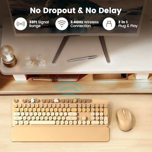 Wireless Keyboard and Mouse Combo, Full-Size Retro Typewriter Keyboard with Round Keycaps, Magnetic Wrist Rest & Tilt Legs, 2.4GHz Cordless for Mac/Windows PC/Laptop, SABLUTE CK23, Latte Gradient - Image 5