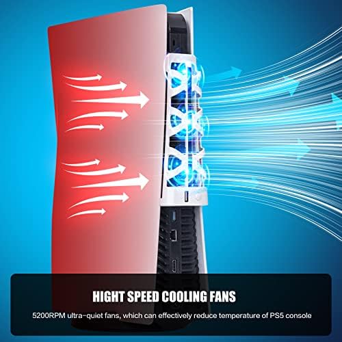 PS5 Cooling Fan with LED Light & USB Port, Quiet External Fan for PlayStation 5 Digital/Disc Console, White (Not Compatible with Slim/Pro) - Image 3