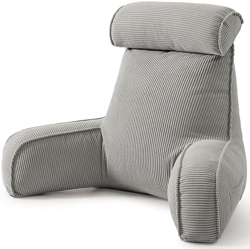 Corduroy Reading Pillow for Sitting Up in Bed, Backrest Pillow with Arms, Full Back Support Cushion with Side Pockets & Washable Cover, Adult Support for Sofa Couch Floor, Light Gray by Ailuteie