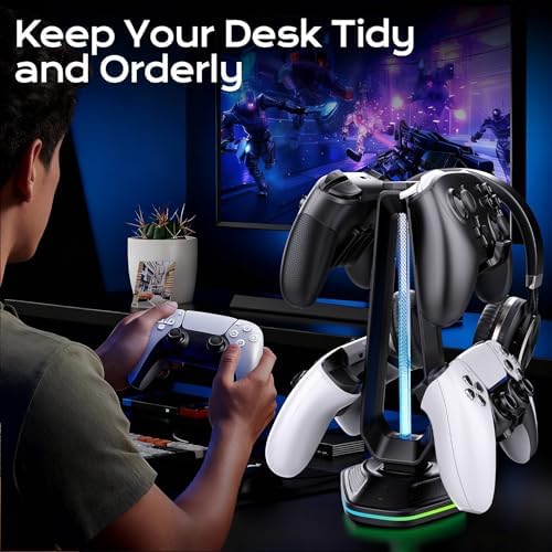 RGB Headset Stand with 9 Light Modes and 2 USB Charging Ports - Controller Holder for Desk - Headphone Stand & Detachable Controller Hook for PC Earphone Gaming Room Setup Accessories - Image 4