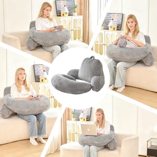19" Reading Pillow for Bed,U Shaped Arm & Elbow Support,Gray Flannel | Backrest Supports Back,U shaped Lap Pillow Cushions Arms,Elbows & Wrists,Soft Flannel for Reading,Gaming,Watching TV - Image 5