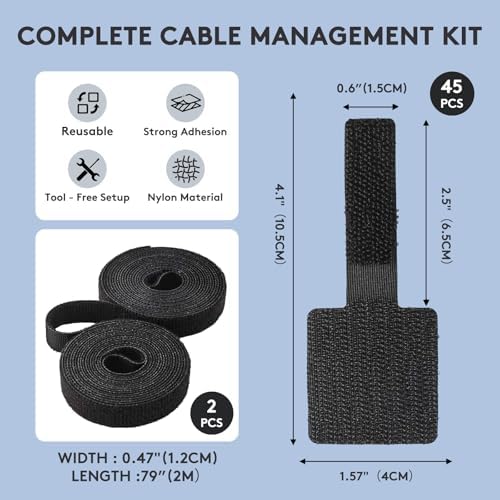 Adhesive Under Desk Cable Management Kit - 45 PCS Sticky Back Velcro Ties + 2 Rolls Extension Straps for No Drill Cord Organization, Home Office (Black) - Image 2