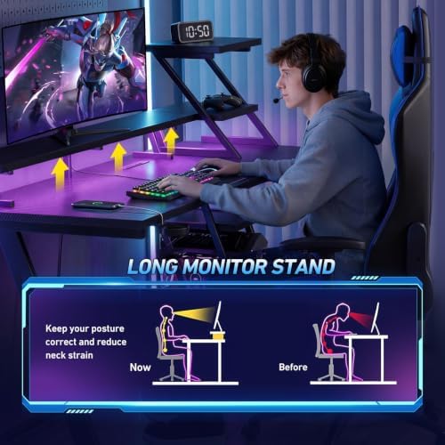 Korfile 40 Inch Gaming Desk with LED Lights & Power Outlet, L Shaped Computer Gaming Table with Storage Shelves, Reversible Corner Desk with Monitor Stand for Home Office, Carbon Fiber Black - Image 4