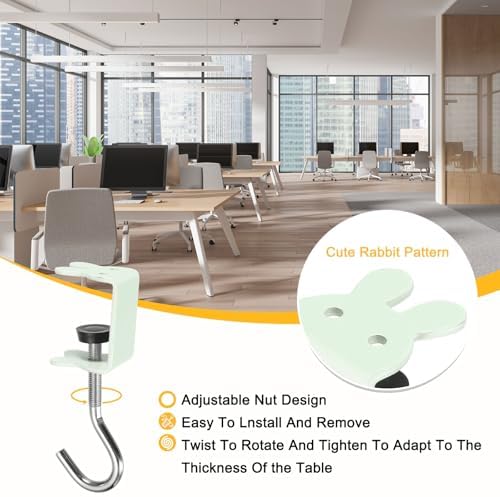 PATIKIL Desk Hook, 4Pcs Desk Mount Bag Holder Hook Rabbit J Hooks for Hanging Bag Backpack Under Desk Clamp Purse Adjustable Headphone Table Closet Door Under Counter, Green - Image 5