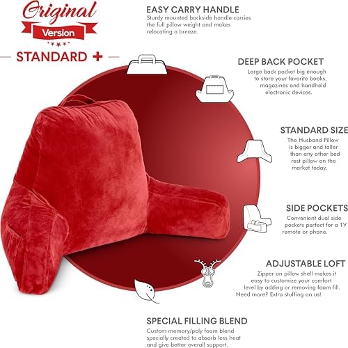 Husband Pillow Red, Original Reading Pillow in Bed Rest Chair, Shredded Memory Foam Large Lounge Cushion Adult Backrest with Arms, Comfy Back Support for Sit Sitting Up, Washable/Removable Cover - Image 4
