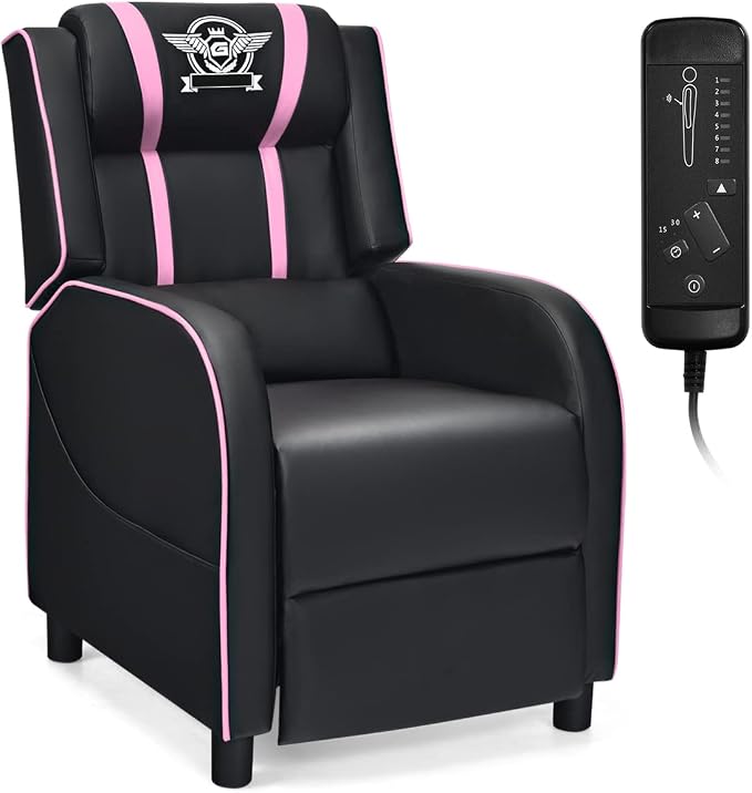 Giantex Gaming Recliner Chair, Adjustable Massage Gaming Chairs for Adults, Ergonomic Comfortable Lounge Leather Sofa w/Footrest, Remote Control & Side Pocket, Racing Style Single Sofa Recliners, Pink by Giantex