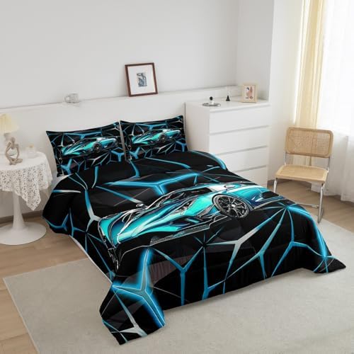 Feelyou Teal Blue Race Car Bedding Set Toddler Size for Kids Boys Extreme Sport Games Comforter Set Teens Toddler Fast and Furious Car Duvet Set Cool Modern Quilt Set 2Pcs - Image 2