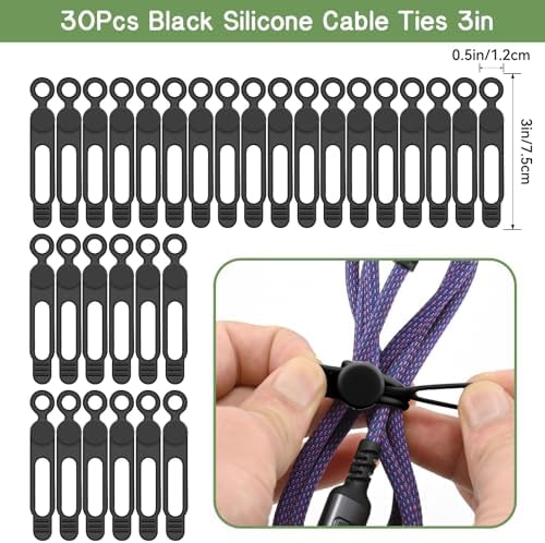 30Pcs Silicone Cord Organizer Reusable 3in Cable Ties for Charging Cords, Data Cables, Computer Wires Electrical Cord Organization Black - Image 3