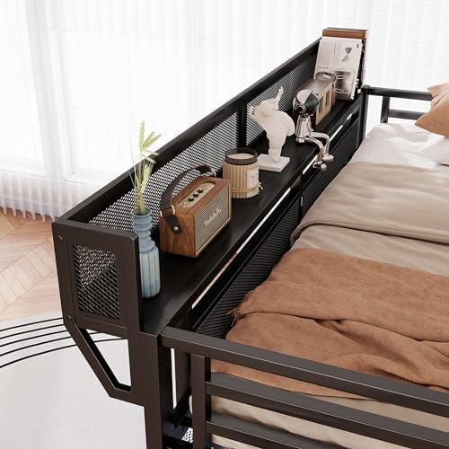 KEIKI Full Size Metal Loft Bed Frame with Grid & Staircase & Built-in Storage Shelves & Wardrobe, Modern Loft Bed with Solid Slat & Guardrail, No Box Spring Required, Easy Assembly, for Bedroom, Black - Image 5