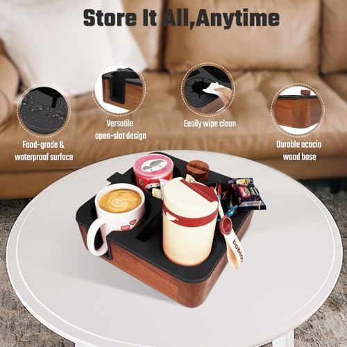 Couch Cup Holder Tray, Real Acacia Wooden Caddy with Soft Silicone, Snack and Drink Organizer- Perfect Movie Night Accessories for Bed, Remote and Cup Holders for Sofa (Black) - Image 2